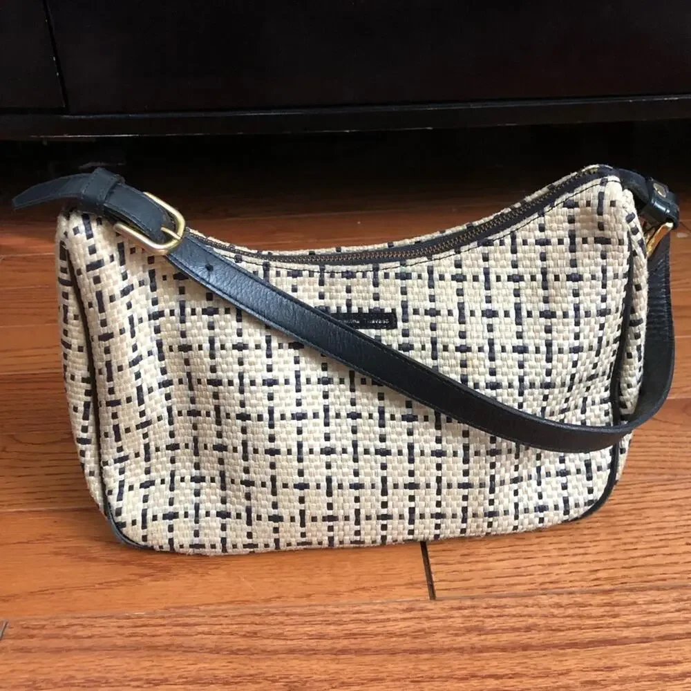 Samantha Thavasa Authentic Raffia Casual Classic Blue Cream Shoulder Hobo Bag